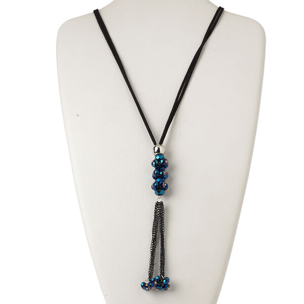Necklace, 2-strand, velvet cord / steel / glass / silver-coated plastic, black and metallic blue, 8x6mm faceted rondelle with 6-inch dangle, 32 inches with knotted end. Sold individually. image number 0