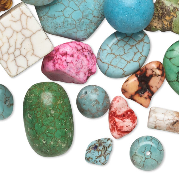 Bead mix, magnesite (dyed / stabilized), mixed colors, 9x6mm-77x39mm mixed shape, D grade, Mohs hardness 3-1/2 to 4. Sold per 1-pound pkg, approximately 55-70 beads. image number 0