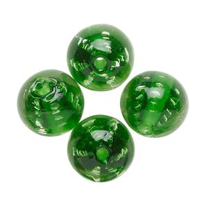 Bead, lampworked glass, translucent green, 14mm round. Sold per pkg of 4.