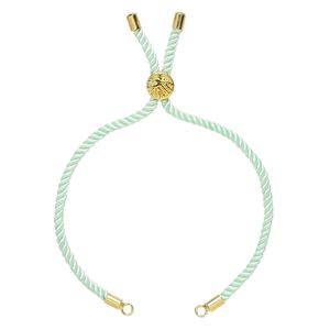 Bracelet component, nylon and gold-finished "pewter" (zinc-based alloy), mint green, 3mm wide, 8-3/4 inches with 9mm flat round adjustable slider bead with tree of life design and 2 open loops. Sold individually.
