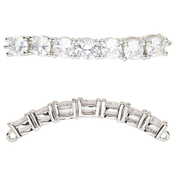 Focal, cubic zirconia and silver-plated brass, clear, 40x5mm curved rectangle. Sold individually. image number 0
