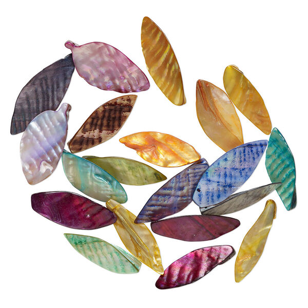 Focal mix, mother-of-pearl shell (dyed), mixed colors, 38x11mm-57x22mm leaf, Mohs hardness 3-1/2. Sold per pkg of 20. image number 0
