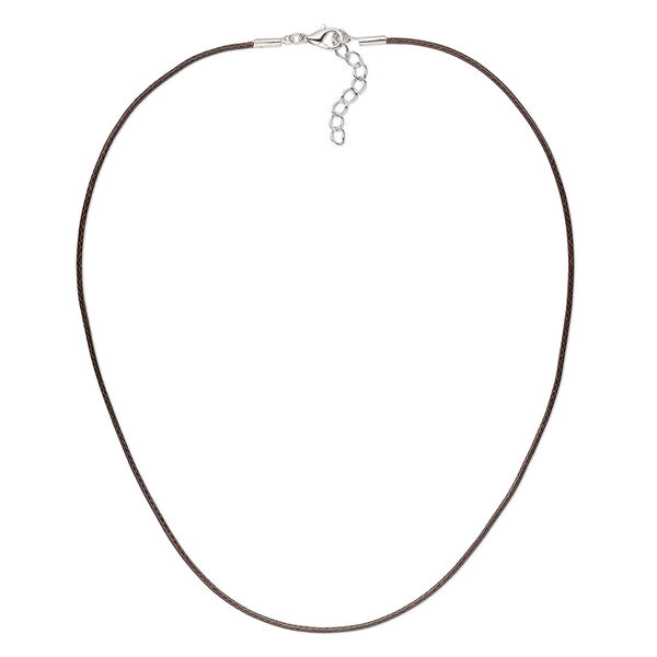 Necklace cord, waxed cotton cord with imitation rhodium-finished steel and "pewter" (zinc-based alloy), brown, 1.5mm round, 16 inches with 1-1/2 inch extender chain and lobster claw clasp. Sold per pkg of 4. image number 0
