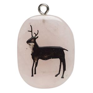 Focal 1pkg1 rose quartz / enamel / steel, 28x24-38x29mm single-sided freeform oval / deer C grade, natural / silver finish