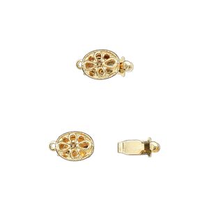 Clasp tab 1pkg10 gold-plated, 8x6mm flower oval, brass 1-strand
