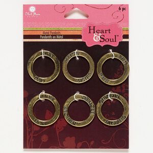 Charm, antique gold-finished "pewter" (zinc-based alloy), 22mm double-sided affirmation open round with "MOM" / "SISTER" / "WIFE" / "DAD" / "BROTHER" / "HUSBAND." Sold per pkg of 6.