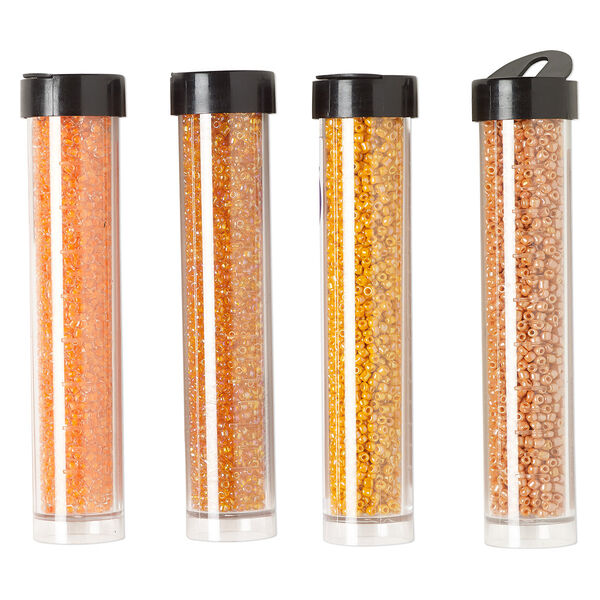 Seed bead assortment, Ming Tree™, glass, pkg/(4) 4 x 3/4 inch vials, #11 round, opaque and translucent rainbow color-lined orange. image number 0