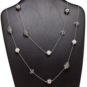 Necklace, imitation rhodium-finished brass and steel with glass, clear, 14mm round, 56-inch continuous loop. Sold individually.