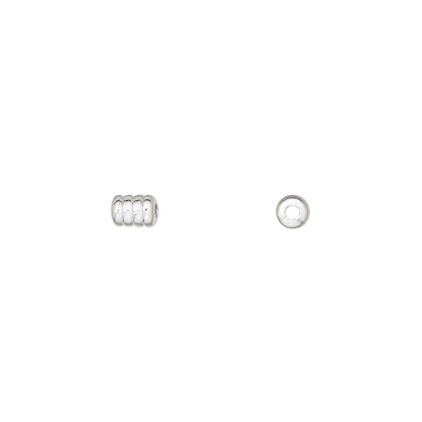 Bead, silver-plated brass, 5x3.5mm ribbed barrel. Sold per pkg of 100. image number 0