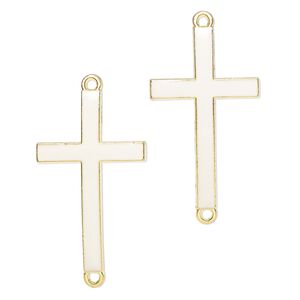 Focal, "pewter" (zinc-based alloy) and enamel, pkg/2, 42x23mm-44x23mm curved cross with 2 loops, gold finish and white.