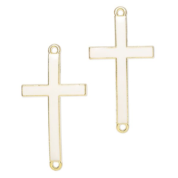 Focal, "pewter" (zinc-based alloy) and enamel, pkg/2, 42x23mm-44x23mm curved cross with 2 loops, gold finish and white. image number 0