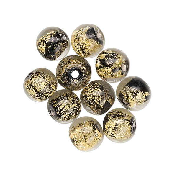Bead, lampworked glass, clear and black with 24Kt gold foil, 8mm round. Sold per pkg of 10. image number 0