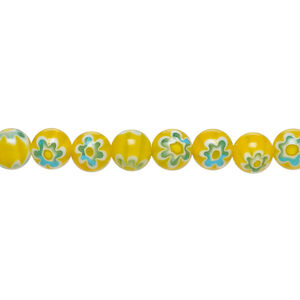 Bead, millefiori glass 1pkg1, translucent golden orange / light blue / white, 6mm round, 15 inches.