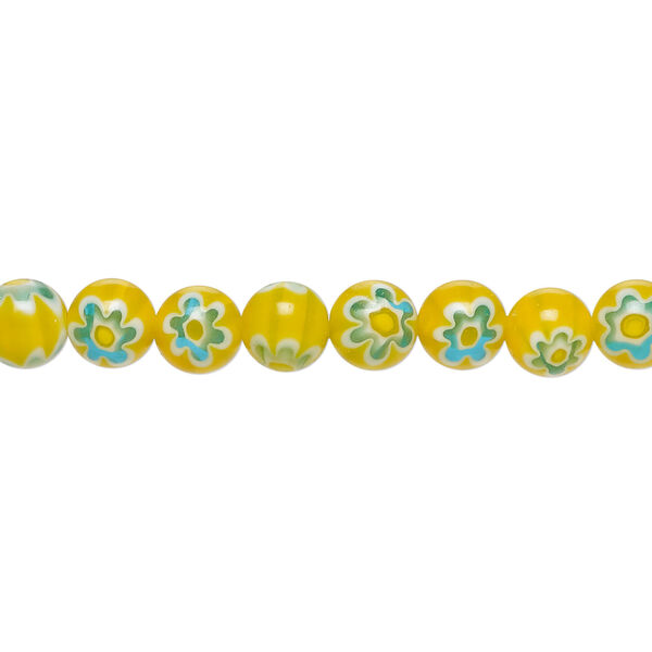Bead, millefiori glass 1pkg1, translucent golden orange / light blue / white, 6mm round, 15 inches. image number 0
