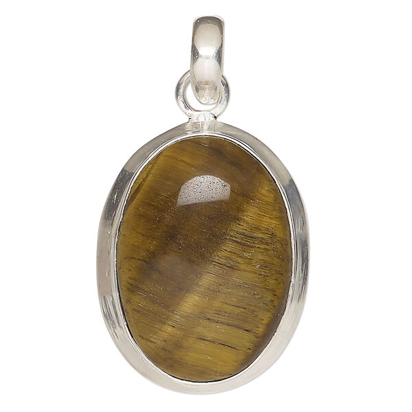 Pendant, tigereye (natural) and sterling silver, 28x21mm-31x24mm oval. Sold individually. image number 0