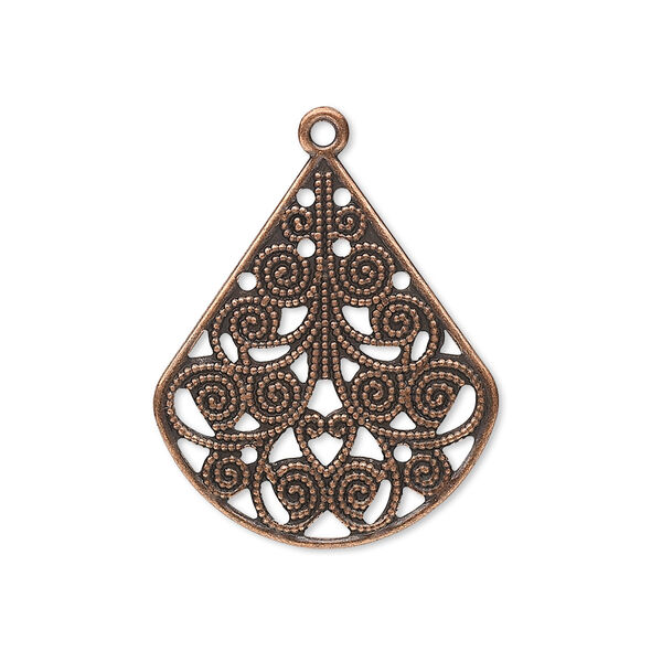 Drop, antique copper-plated steel, 26x23mm filigree teardrop. Sold per pkg of 10. image number 0