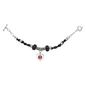 Bracelet, One of a Kind Jewelry, sterling silver / crystal / enamel / epoxy / stainless steel / leather, black and red, 7-1/2 inches with toggle clasp. Only one available.
