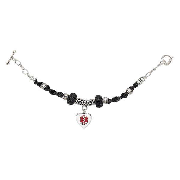 Bracelet, One of a Kind Jewelry, sterling silver / crystal / enamel / epoxy / stainless steel / leather, black and red, 7-1/2 inches with toggle clasp. Only one available. image number 0
