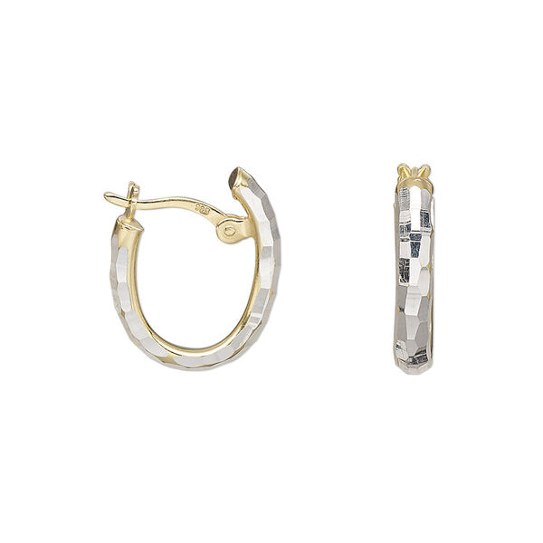 Earring, Create Compliments®, "vermeil" and sterling silver, 13mm diamond-cut oval hoop with latch-back closure. Sold per pair. image number 0