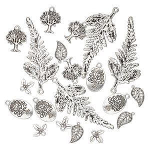 Focal and charm, antique silver-plated "pewter" (zinc-based alloy), 14x10mm-59x29mm single- and double-sided assorted leaf and tree. Sold per pkg of 20.