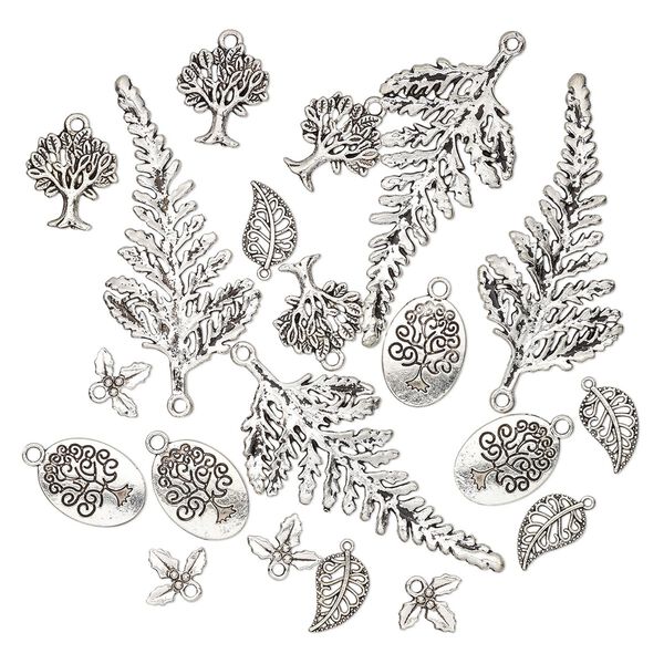 Focal and charm, antique silver-plated "pewter" (zinc-based alloy), 14x10mm-59x29mm single- and double-sided assorted leaf and tree. Sold per pkg of 20. image number 0