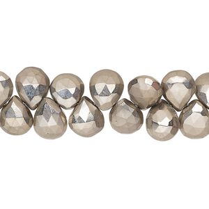 Bead, oxidized / electroplated / silver-plated pyrite (coated), 8x7mm-10x7mm hand-cut top-drilled faceted puffed teardrop with 0.4-1.1mm hole, C grade, Mohs hardness 6. Sold per 8-inch strand.