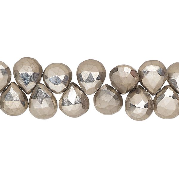 Bead, oxidized / electroplated / silver-plated pyrite (coated), 8x7mm-10x7mm hand-cut top-drilled faceted puffed teardrop with 0.4-1.1mm hole, C grade, Mohs hardness 6. Sold per 8-inch strand. image number 0