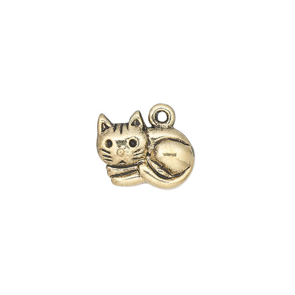 Charm, antique gold-finished "pewter" (zinc-based alloy), 15x12mm single-sided cat. Sold per pkg of 10. image number 0