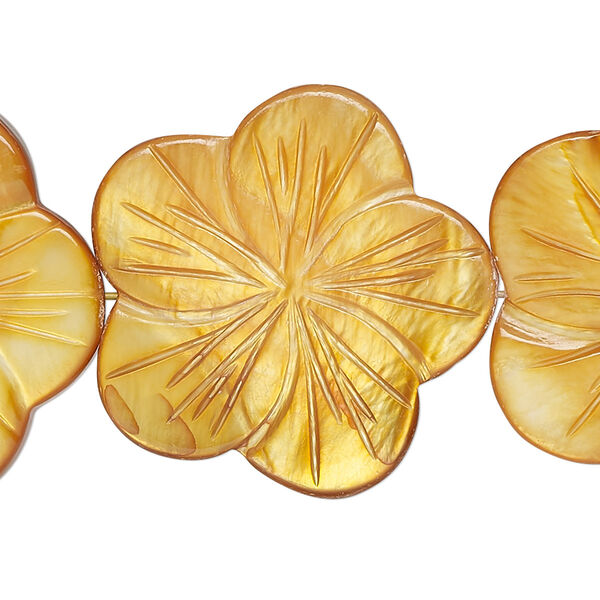 Bead, mother-of-pearl shell (dyed), dark gold, 29x28mm-30mm carved flat flower, 0.6-0.8mm hole, Mohs hardness 3-1/2. Sold per 15-inch strand. image number 0