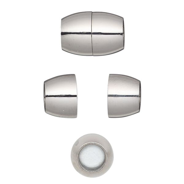Clasp, magnetic barrel, stainless steel, 15x10mm shiny with glue-in ends, 6mm inside diameter. Sold individually. image number 0