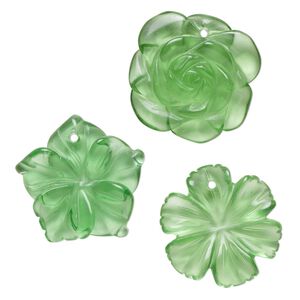 Drop mix, glass, translucent green, 25x21mm-26x25mm top-drilled carved flower. Sold per pkg of 3.