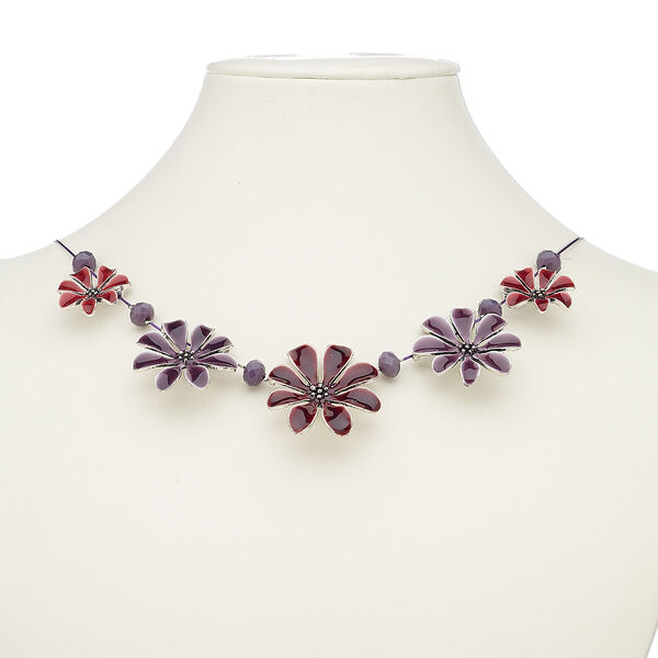 Necklace, enamel / glass / silver-plated brass / steel / "pewter" (zinc-based alloy), purple / red / dark red, 23x21mm-36x34mm graduated flower, 18 inches with 2-inch extender chain and lobster claw clasp. Sold individually. image number 0
