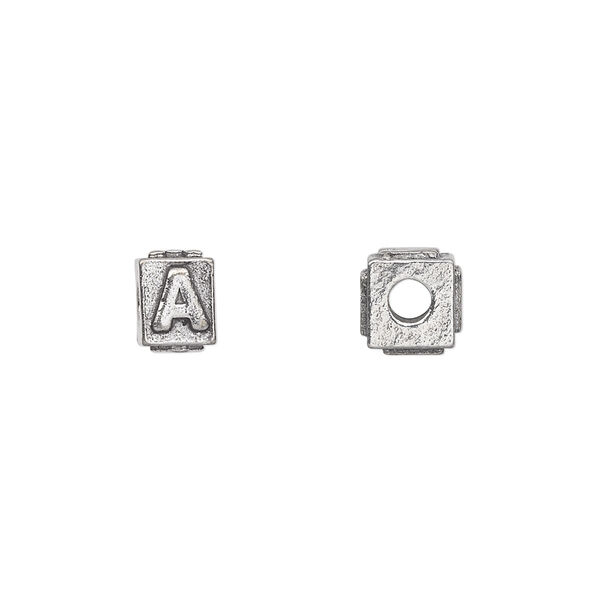 Bead, antiqued pewter (tin-based alloy), 8x6mm rectangle with alphabet letter "A." Sold per pkg of 4. image number 0