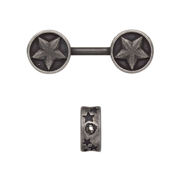 Bead, stainless steel, black, 30x10.5mm dumbbell with star design. Sold individually. image number 0