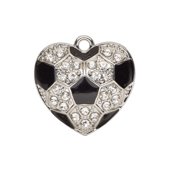 Charm, glass / enamel / silver-finished "pewter" (zinc-based alloy), clear and black, 26x24mm single-sided domed soccer ball heart. Sold individually. image number 0