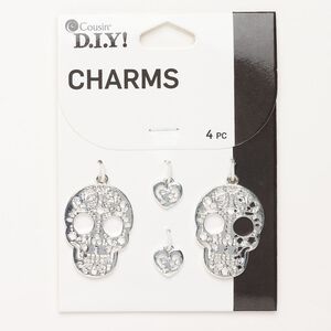 Drop brass 4pk 10x9mm heart 30x22mm skull filigree, silver finish
