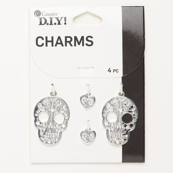 Drop brass 4pk 10x9mm heart 30x22mm skull filigree, silver finish image number 0