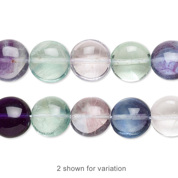 Bead, rainbow fluorite (natural), 10mm puffed flat round, A grade, Mohs hardness 4. Sold per 15-1/2" to 16" strand. image number 0