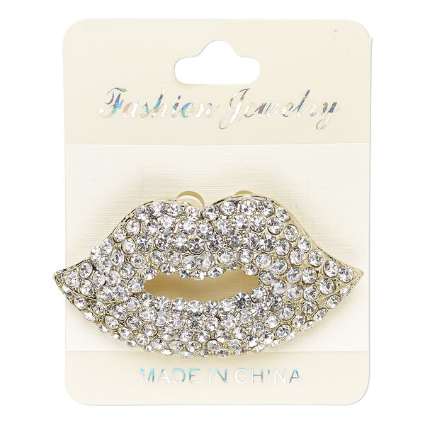 Brooch, glass rhinestone and gold-finished "pewter" (zinc-based alloy), clear, 56x30mm lips. Sold individually. image number 0