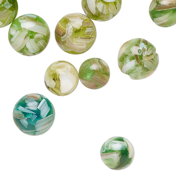 Bead mix, mother-of-pearl shell (assembled) and resin, multi-green and white, 8-10mm round, Mohs hardness 3-1/2. Sold per pkg of 60. image number 0