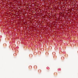 Seed bead, Miyuki, glass, pkg/250g, #11 rocaille, translucent light cranberry-lined luster topaz (RR-363).
