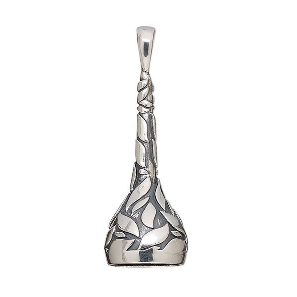 Pendant, antiqued sterling silver, 35x12mm cup with leaf design and 10mm round glue-in setting. Sold individually. image number 0