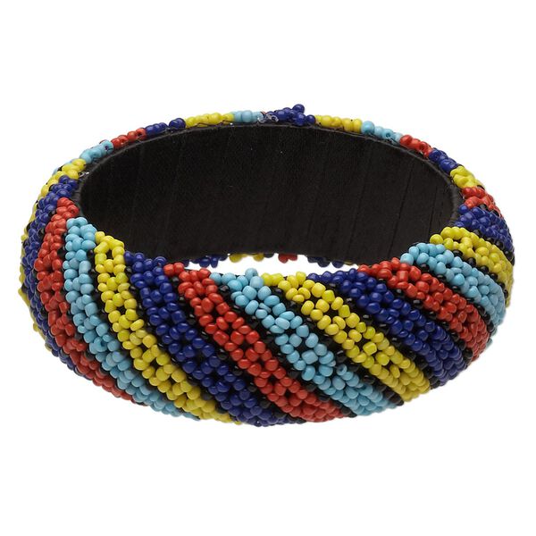 Bracelet, bangle, wood / polyester, glass, multicolored, 30mm wide with stripe design, 2-1/2 inch inside diameter. Sold individually. image number 0