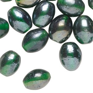 Bead, glass, translucent iridescent dark green, 13x10mm-14x11mm oval. Sold per pkg, 40 beads.