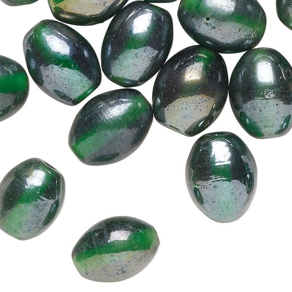 Bead, glass, translucent iridescent dark green, 13x10mm-14x11mm oval. Sold per pkg, 40 beads. image number 0