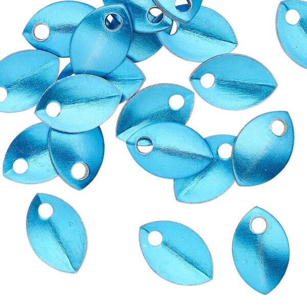Component, anodized aluminum, light blue, 11x7mm 2-sided curved scale blank with 1.5mm hole, 20 gauge. Sold per pkg of 20. image number 0