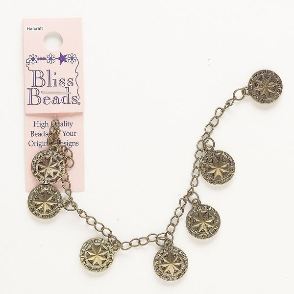 Chain, antique gold-finished brass and steel, 3.8mm curb with (7) 15mm compass. Sold per pkg of 7 inches. image number 0