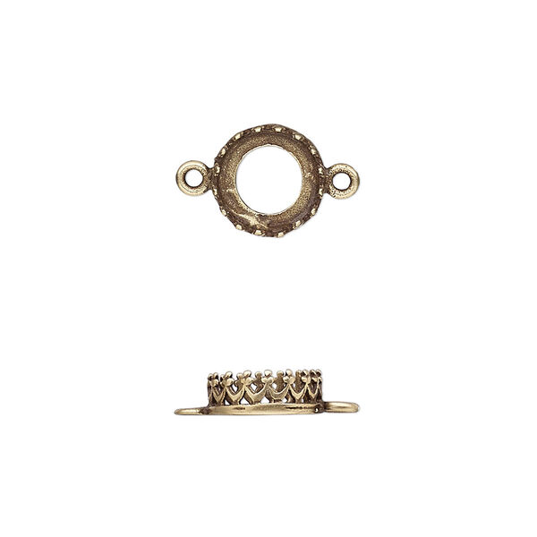 Link, JBB Findings, antiqued brass, 9mm round with open back and decorative trim, 8mm round bezel setting. Sold per pkg of 2. image number 0