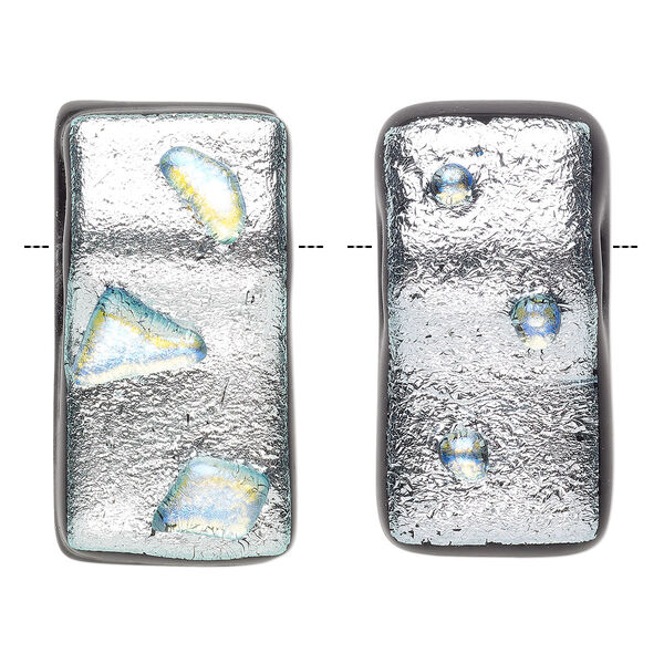 Bead, Paula Radke, dichroic glass, opaque silver / blue / yellow, 31x15mm-33x18mm top-drilled rectangle. Sold individually. image number 0