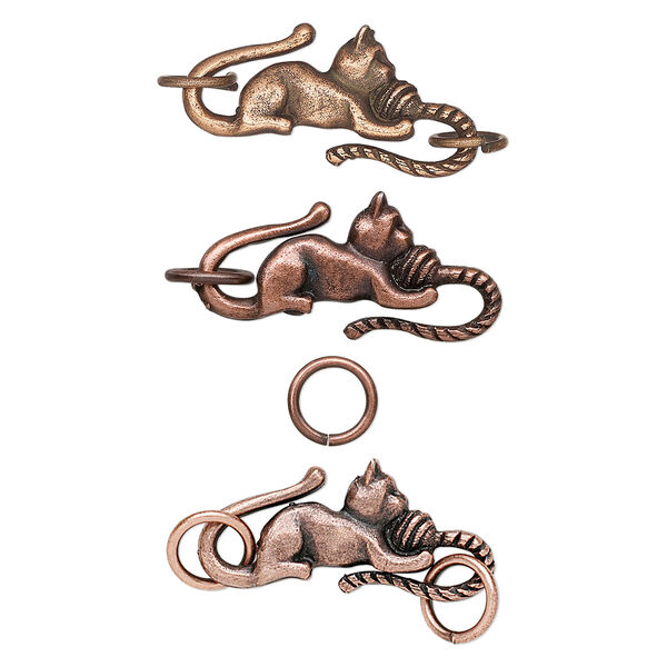 Clasp, S-hook, pewter (tin-based alloy), pkg/1, antique copper plate, 29x13mm with cat design and (2) 7.5mm jump rings. image number 0